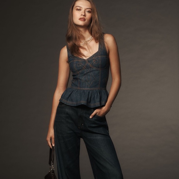 Anthropologie Embroidered Peplum Corset Denim Top - Picture 12 of 14